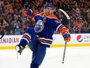 The Edmonton Oilers' Connor McDavid (97) celebrates a goal against the Dallas Stars during third period NHL action at Rogers Place in Edmonton, Thursday March 16, 2023. The Oilers won 4-1. 