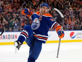 The Edmonton Oilers' Connor McDavid (97) celebrates a goal against the Dallas Stars during third period NHL action at Rogers Place in Edmonton, Thursday March 16, 2023. The Oilers won 4-1.