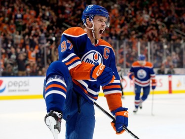 The Edmonton Oilers' Connor McDavid (97) celebrates a goal against the Dallas Stars during third period NHL action at Rogers Place in Edmonton, Thursday March 16, 2023. The Oilers won 4-1.