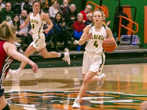 Fourth-year University of Alberta Pandas guard Jenna Harpe led the way with a game-high 29 points to defeat the University of Acadia Axewomen in the quarter-finals of the 2023 U Sports Final 8 championship tournament in Sydney, N.S., on Thursday, March 9, 2023. They will face the Queen's University Gaels in Saturday's semi-final round.