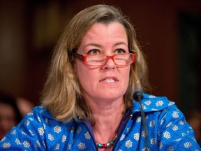 United Nations High Commissioner for Refugees Deputy High Commissioner Kelly Clements testifies on Capitol Hill in Washington, Tuesday, April 12, 2016, before the Senate State, Foreign Operations, and Related Programs subcommittee hearing on the causes and consequences of violent extremists, and the role of foreign assistance.