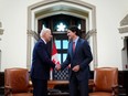 Prime Minister Justin Trudeau and U.S. President Joe Biden take part in a meeting on Parliament Hill, in Ottawa, Friday, March 24, 2023.