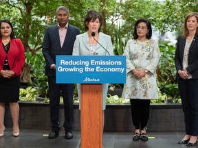 Environment and protected areas minister Sonya Savage speaks at a press conference announcing Alberta's plan to reduce emissions while growing the economy at Calgary's Devonian Gardens on Wednesday, April 19, 2023. Azin Ghaffari/Postmedia