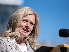 Alberta NDP leader Rachel Notley speaks at a press conference on the University of Calgary campus on Thursday, April 27, 2023.