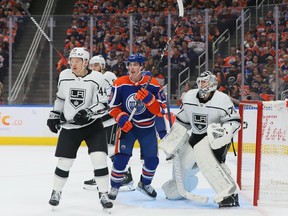 Mikey Anderson #44 of the Los Angeles Kings battles to cover Ryan Nugent-Hopkins #93 of the Edmonton Oilers in the second period in Game One of the First Round of the 2023 Stanley Cup Playoffs on April 17, 2023 at Rogers Place in Edmonton, Alberta, Canada.