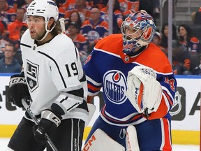 Alex Iafallo #19 of the Los Angeles Kings screens Stuart Skinner #74 of the Edmonton Oilers in the second period in Game Two of the First Round of the 2023 Stanley Cup Playoffs on April 19, 2023 at Rogers Place in Edmonton, Alberta, Canada.