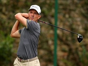Mike Weir of Canada plays his shot from the second tee during the second round of the 2023 Masters Tournament at Augusta National Golf Club on April 07, 2023 in Augusta, Georgia.
