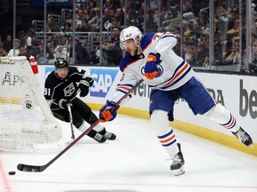 Vincent Desharnais #73 of the Edmonton Oilers makes a break out pass in front of Carl Grundstrom #91 of the Los Angeles Kings during the second period in Game Three of the First Round of the 2023 Stanley Cup Playoffs at Crypto.com Arena on April 21, 2023 in Los Angeles, California.