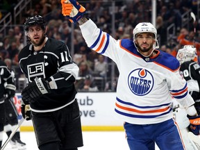 Evander Kane #91 of the Edmonton Oilers reacts to his goal in front of Anze Kopitar #11 of the Los Angeles Kings, to tie the game 3-3, during the third period in Game Four of the First Round of the 2023 Stanley Cup Playoffs at Crypto.com Arena on April 23, 2023 in Los Angeles, California.