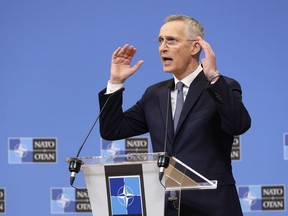 NATO Secretary General Jens Stoltenberg speaks during a media conference, ahead of a meeting of NATO foreign ministers, at NATO headquarters in Brussels, Monday, April 3, 2023.