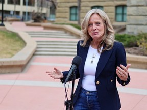 Alberta NDP leader Rachel Notley speaks with media about the new Calgary arena deal outside the McDougall Centre in Calgary on Wednesday, April 26, 2023. 
Gavin Young/Postmedia