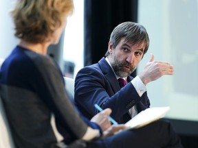 Minister of Environment and Climate Change Steven Guilbeault takes part in a conversation with Diana Fox Carney, Senior Adviser, Eurasia Group and Strategic Advisory Board Member, Terramera, during the Canada 2020 Net-Zero Leadership Summit in Ottawa on Wednesday, April 19, 2023.