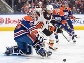 Anaheim Ducks' Ryan Strome (16) is stopped by Edmonton Oilers goalie Jack Campbell (36) during first period NHL action in Edmonton on Saturday, April 1, 2023.