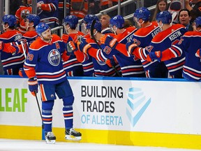 The Edmonton Oilers celebrate a goal scored by forward Leon Draisaitl (29), his 48th of the season during the second period against the Anaheim Ducks at Rogers Place.