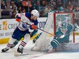 Apr 8, 2023; San Jose, California, USA;  San Jose Sharks goaltender James Reimer (47) defends against Edmonton Oilers center Mattias Janmark (26) during the third period  at SAP Center at San Jose. Mandatory Credit: Stan Szeto-USA TODAY Sports