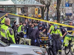 The scene of the stabbing outside the Starbucks at Granville and Pender Streets in downtown Vancouver on Sunday, March 26, 2023.