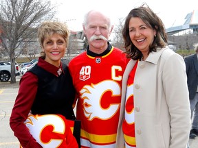 Mayor Jyoti Gondek, The City of Calgary and Premier Danielle Smith with legend Lanny McDonald during the announcement of the future Event Centre in Calgary on Tuesday, April 25, 2023.