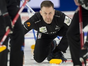 Ottawa On. April 6, 2023.TD Centre.OK Tires & BKT Tire World Men's Curling Championship.Team Canada skip Brad Gushue during draw 17 against team Scotland