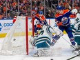 Edmonton Oilers Leon Draisaitl (29) scores on San Jose Sharks goalie James Reimer (47) during first period NHL action on Thursday, April 13, 2023 in Edmonton .   Greg Southam-Postmedia