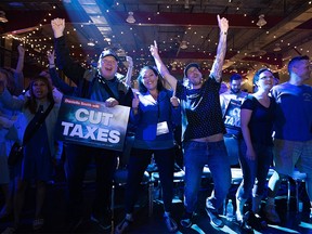 UCP supporters celebrate a projected win for their party at the UCP watch party on the election night at Big Four Building in Calgary on Monday, May 29, 2023.