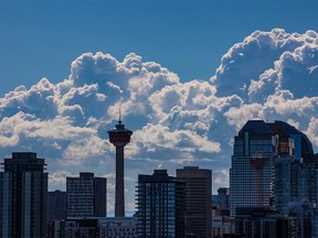 Thunder clouds build to the west behind Calgary’s downtown skyline on Monday, May 15, 2023.