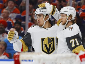 The Vegas Golden Knights celebrate a goal by defencemen Zach Whitecloud (2) during against the Edmonton Oilers.
