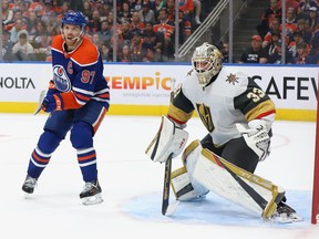 EDMONTON, CANADA - MAY 14: Connor McDavid #97 of the Edmonton Oilers goes to the net against Adin Hill #33 of the Las Vegas Golden Knights in the second period in Game Six of the Second Round of the 2023 Stanley Cup Playoffs May 14, 2023 at Rogers Place in Edmonton, Alberta, Canada.