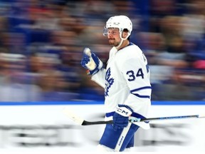 Auston Matthews of the Toronto Maple Leafs celebrates a goal in the second period during Game Six of the First Round of the 2023 Stanley Cup Playoffs against the Tampa Bay Lightning at Amalie Arena on April 29, 2023 in Tampa, Florida.