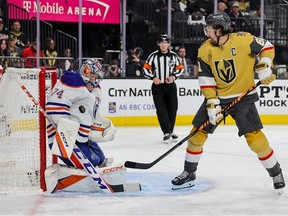 Stuart Skinner #74 of the Edmonton Oilers makes a save against Mark Stone #61 of the Vegas Golden Knights in the second period of Game One of the Second Round of the 2023 Stanley Cup Playoffs at T-Mobile Arena on May 03, 2023 in Las Vegas, Nevada.
