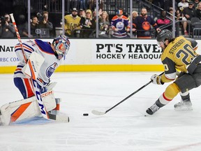 LAS VEGAS, NEVADA – MAY 06: Stuart Skinner #74 of the Edmonton Oilers makes a save against Chandler Stephenson #20 of the Vegas Golden Knights in the second period of Game Two of the Second Round of the 2023 Stanley Cup Playoffs at T-Mobile Arena on May 06, 2023 in Las Vegas, Nevada.