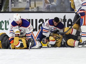 LAS VEGAS, NEVADA – MAY 06: Nick Bjugstad #72 and Evander Kane #91 of the Edmonton Oilers fight with Alex Pietrangelo #7 and Keegan Kolesar #55 of the Vegas Golden Knights in the second period of Game Two of the Second Round of the 2023 Stanley Cup Playoffs at T-Mobile Arena on May 06, 2023 in Las Vegas, Nevada.