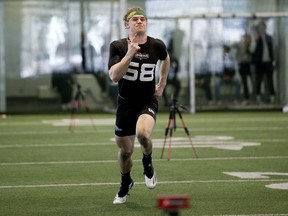 University of Alberta Golden Bears product Jacob Taylor (58) takes part in the CFL national combine in Edmonton on March 23, 2023.
