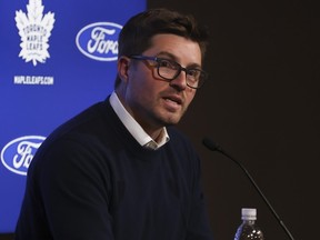 Toronto Maple Leafs general manager Kyle Dubas speaks during a news conference.