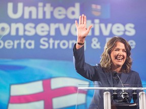 Danielle Smith celebrates the UCP’s win and her re-election as premier in the 2023 Alberta election in Calgary.