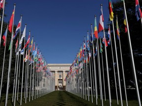The flags alley is seen outside the United Nations building during the Human Rights Council in Geneva, Switzerland, February 27, 2023.