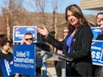 Alberta Premier Danielle Smith speaks at a UCP campaign launch event in Calgary on Saturday, April 29, 2023.