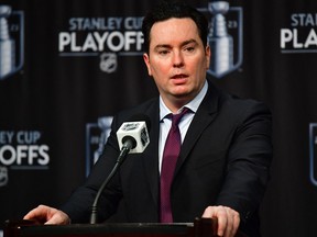 Edmonton Oilers head coach Jay Woodcroft speaks with media following Game 6 of the first round of the 2023 Stanley Cup Playoffs at Crypto.com Arena in Los Angeles, Calif., on April 29, 2023.