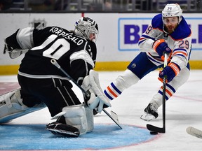 Edmonton Oilers center Leon Draisaitl (29) moves in for a shot against Los Angeles Kings goaltender Joonas Korpisalo (70) during the third period in Game 6 of the first round of the 2023 Stanley Cup Playoffs at Crypto.com Arena in Los Angeles, Calif., on April 29, 2023.