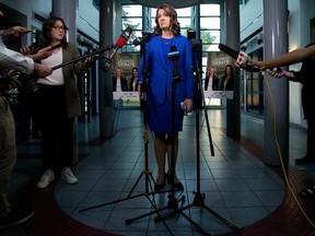 UCP leader Danielle Smith speaks to the media following a debate with Alberta NDP leader Rachel Notley at CTV Edmonton, Thursday May 18, 2023. Photo by David Bloom