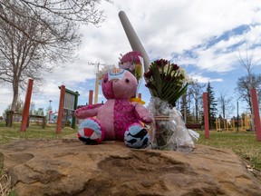 A mother and 11-year-old child were fatally stabbed on Friday near Crawford Plains School. A person matching the description of their attacker was shot by police.Taken on Saturday, May 6, 2023 in Edmonton. Greg Southam-Postmedia