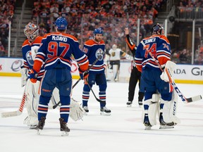 Goalie Jack Campbell (36)of the Edmonton Oilers, replaces goalie Stuart Skinner (74) in the second period against the Las Vegas Golden Knights at Rogers Place in Edmonton  	on May 8, 2023.