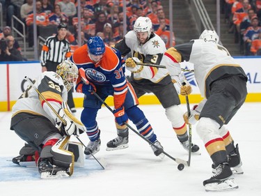 Warren Foegele (37) of the Edmonton Oilers, can't find the puck in front of goalie Adin Hill of the Las Vegas Golden Knights in game four of the second round of the NHL playoffs at Rogers Place in Edmonton on May 10, 2023.