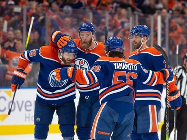 Mattias Ekholm (14) celebrates his first period goal with Leon Draisaitl (29) of the Edmonton Oilers, against the Las Vegas Golden Knights in game four of the second round of the NHL playoffs at Rogers Place in Edmonton on May 10, 2023.