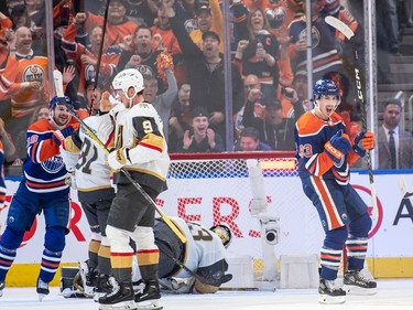Ryan Nugent-Hopkins (93) of the Edmonton Oilers, celebrates his second period goal against the Las Vegas Golden Knights in game four of the second round of the NHL playoffs at Rogers Place in Edmonton on May 10, 2023.