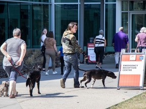 Familes and their pets evacuated from Drayton Valley have been staying at the evacuation centre at the Expo Centre in Edmonton on May 5, 2023. Photo by Shaughn Butts-Postmedia
