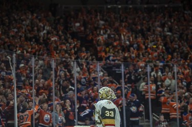 Goalie Adin Hill of the Las Vegas Golden Knights after the third goal in the first period in game four of the second round of the NHL playoffs at Rogers Place in Edmonton on May 10, 2023.