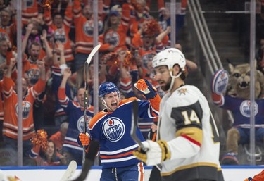 Nick Bjugstad (72) of the Edmonton Oilers, celebrates his first period goal against the Las Vegas Golden Knights in game four of the second round of the NHL playoffs at Rogers Place in Edmonton on May 10, 2023.