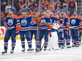 Connor McDavid (97) of the Edmonton Oilers, stands at the front of the line to congratulate the Las Vegas Golden Knights after game six of the second round of the NHL playoffs at Rogers Place in Edmonton on May 14, 2023. Vegas will advance in the playoffs after winning four games to the Oilers two.