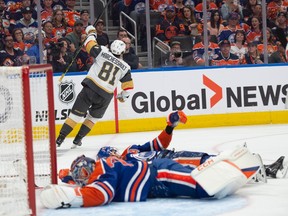 Goalie Stuart Skinner (74) and Darnell Nurse (25) of the Edmonton Oilers, lie on the ice after a goal from Jonathan Marchessault of the Las Vegas Golden Knights in game six of the second round of the NHL playoffs at Rogers Place in Edmonton on May 14, 2023.