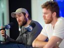 Leon Draisaitl, left, and Connor McDavid of the Edmonton Oilers speak with media at Rogers Place in Edmonton on Tuesday, May 16, 2023. 